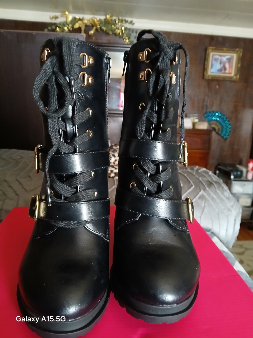 Women's Black Heeled Combat Boots with Gold Buckles